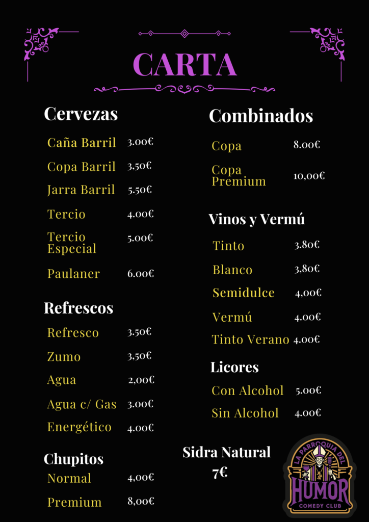 Carta bebidas la parroquia del humor